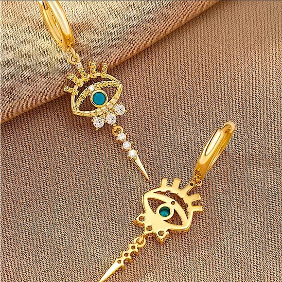 Gold 14K Evil Eye Hoop Zircon Drop Dangling Minimalist Earrings - Picture 6 of 8